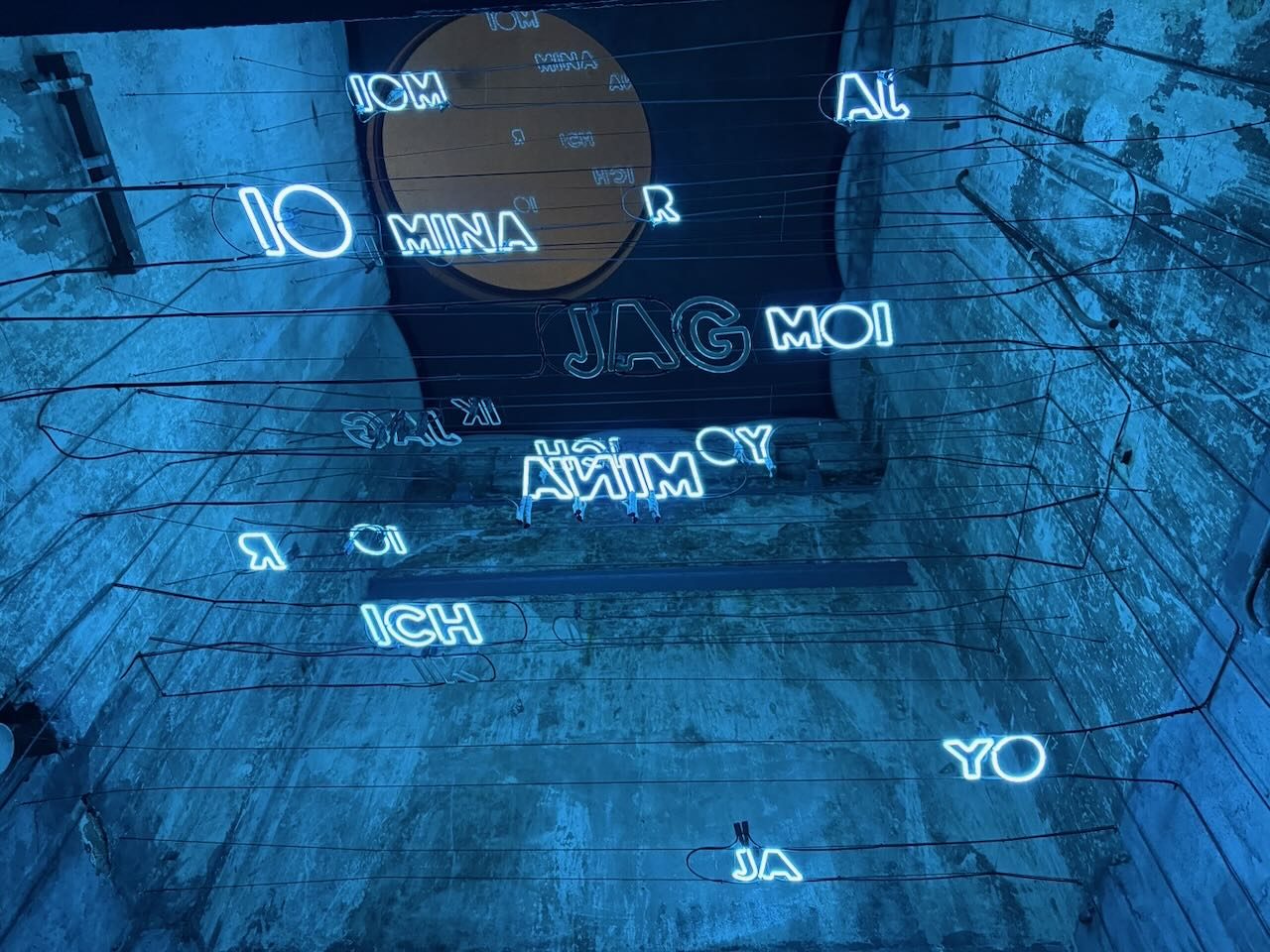 Blue neon words suspended on wires in a dark shaft, among them ICH, MOI, JAG, IO, MINA and YO, the word for I in several languages, some seen in mirror image.