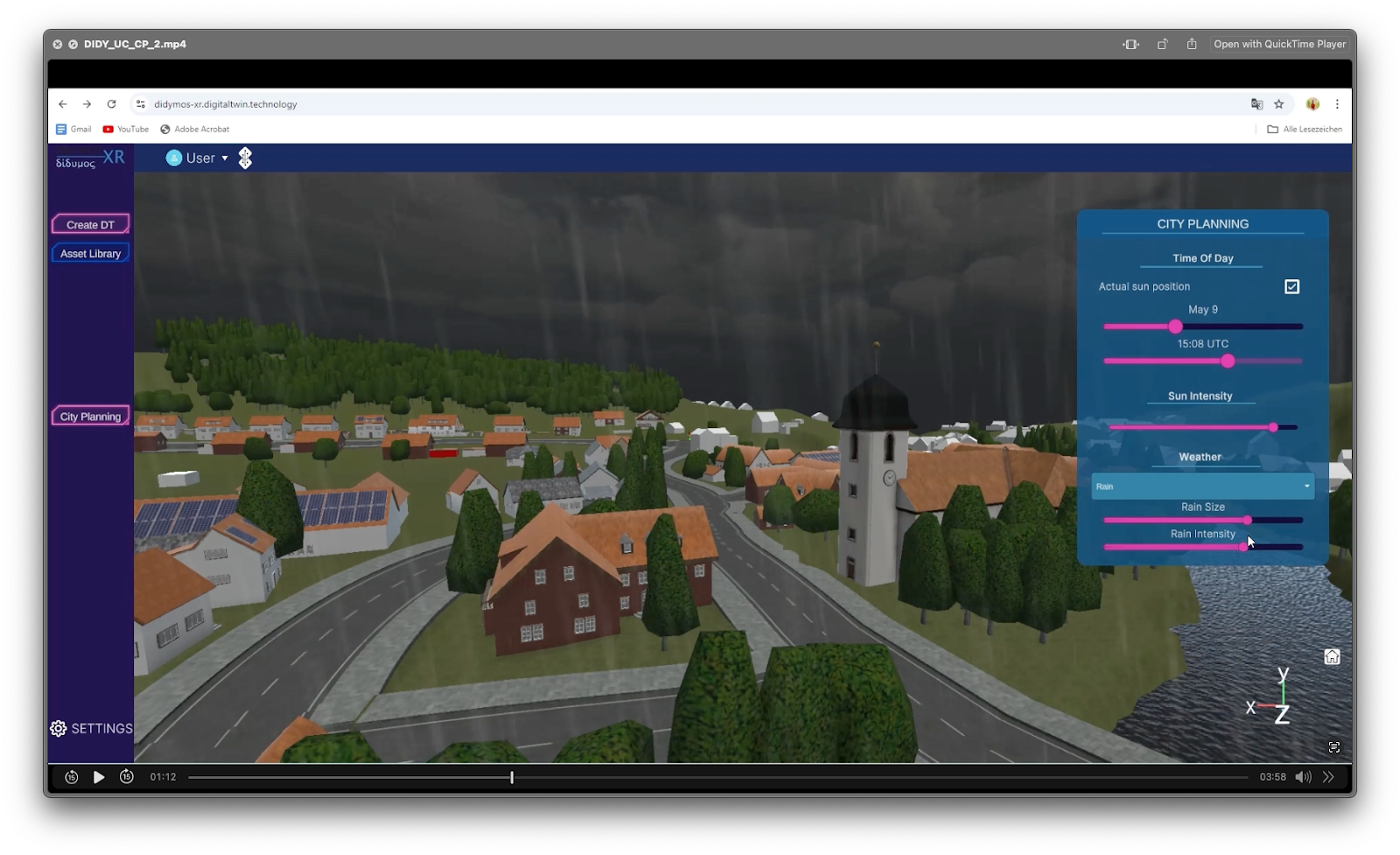 The image shows a screen recording of a 3D city planning simulation using Didymos