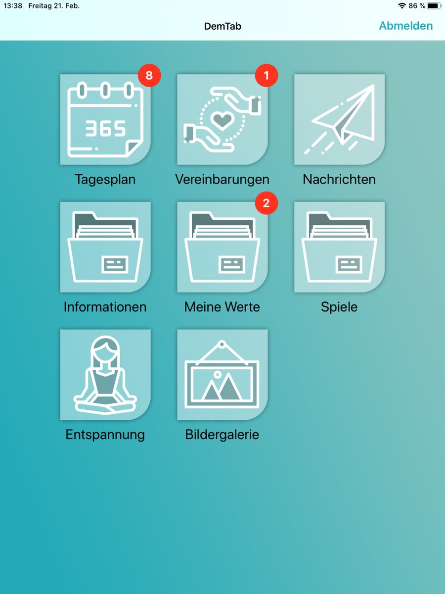 Home screen in the patient’s view